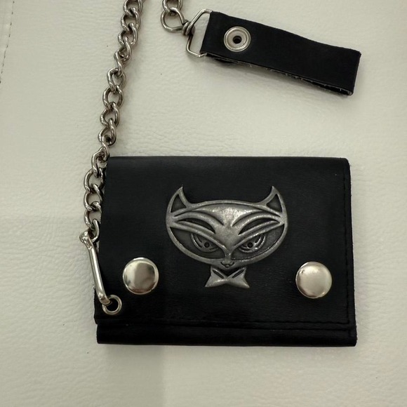 Black Genuine Leather Biker Wallet Chain Cat Face Snap Closure Made in USA - Picture 4 of 7